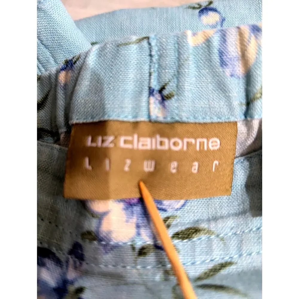 V Liz Claiborne Y2K Sz 10Blue linen blend Skirt Elastic backW 30-32 Len 36
